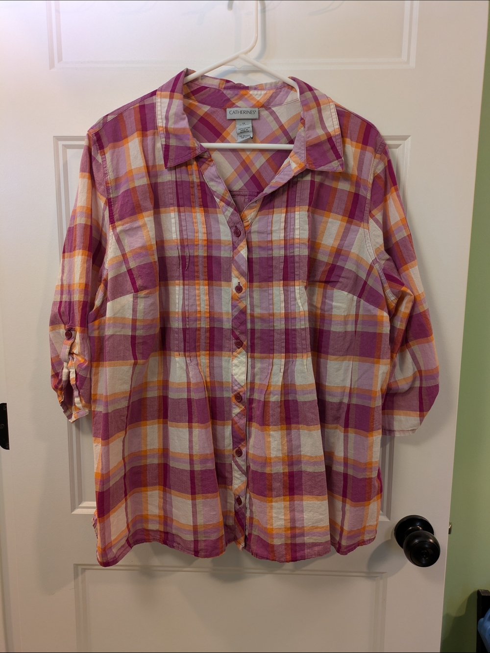 🔴 3/$15 Catherines Pink & Orange Plaid Button-Up Shirt